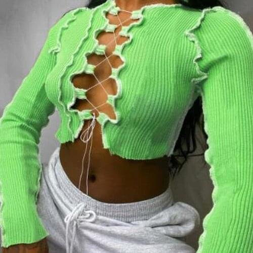 Fashion Sexy Chest Bandage Long-sleeved Personality Hollow Spring Autumn Festival Nightclub Dress Street Dress Female Tops 2021