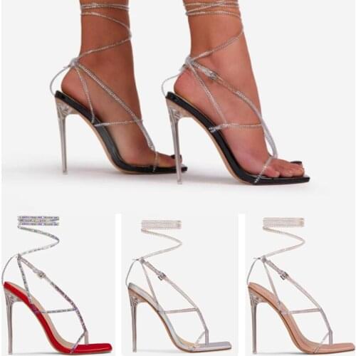 Fashion Rhinestone Clear Crystal Heel Sandals Summer 2021 Ankle Cross Strap Ladies Square Toe Women Sandals Wedding Shoes 35-42