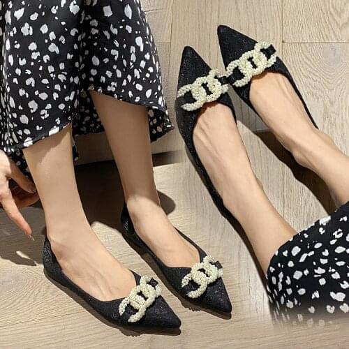 Pointed Toe string bead chain moccasins sneakers women shoes ballerina loafers pearl sequined cloth flats woman plus size 42/43