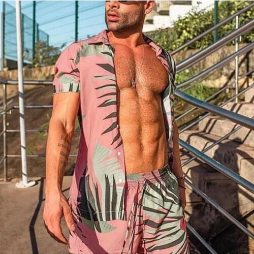 2021 Suit Set Men’ s Floral Print Turn-Down Collar Short Sleeve Shirt+ Beach Shorts for Summer Holiday Casual Mens Clothes Set