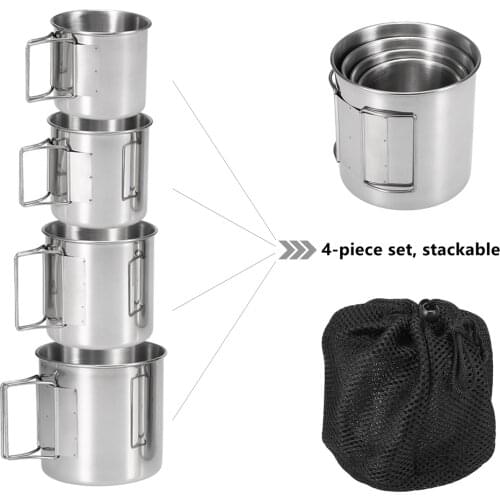 4-piece stainless steel cup set stackable drinking water cup cup with folding handle home outdoor camping travel backpack