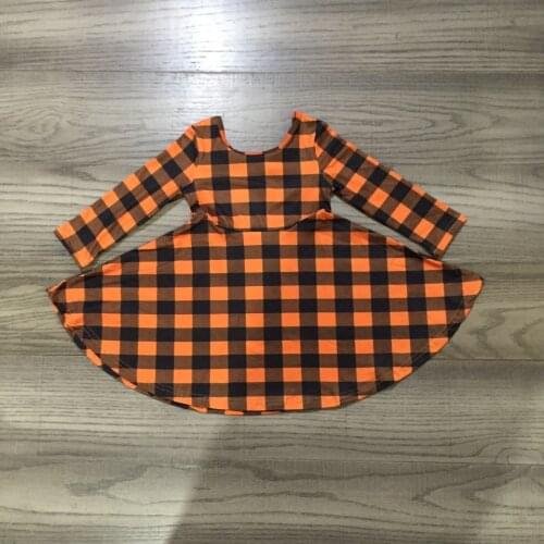 Girlymax Fall Winter Girls Black Orange Plaid Long Sleeve Twirl Dress
