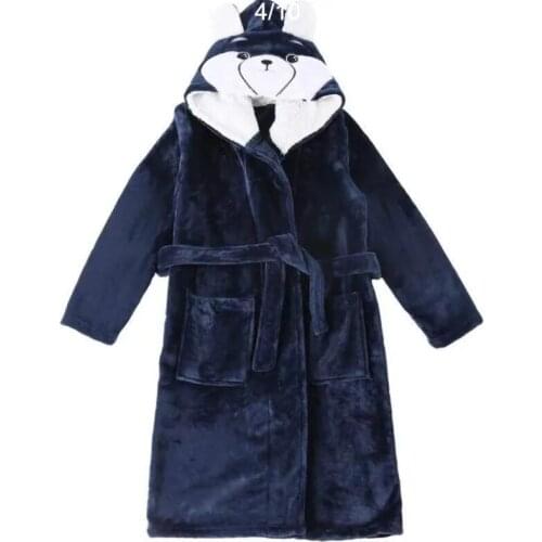 Autumn Winter Childrens Nightgown Thick Coral Velvet Bathrobe Boys and Girls Older Kids Long Hooded Home Wear Cartoon