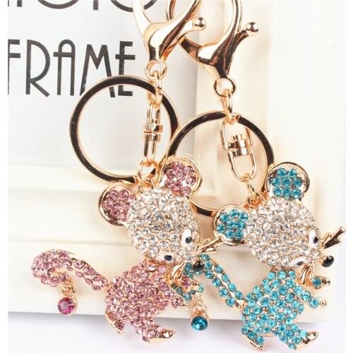 Lovely Blue Pink Rat Mouse Keychain Rhinestone Crystal Pendant Charm for Handbag Purse Bag Carkey Gift
