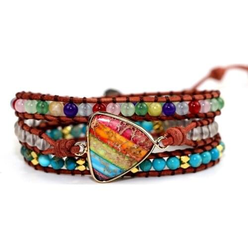 Romantic Spiritual Chakra Leather Wrap Bracelets W/ Mix Stone Heart Shape 3 Strands Bracelet Classic Jewelry Wholesale Bulk