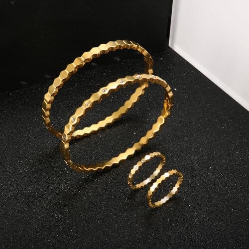 Luxury Jewelry Set Rhombic-shaped Honeycomb Crystal Cuff Bangle Men Women Bracelet Stainless Steel Gold Ring Couple Wedding Gift