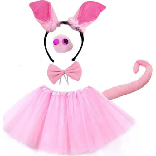 Pink Kids Teens Pig Costume Tutu Set Skirt with Headband Tail Bow Tie Nose for Animal Theme Party Cosplay Halloween Christmas