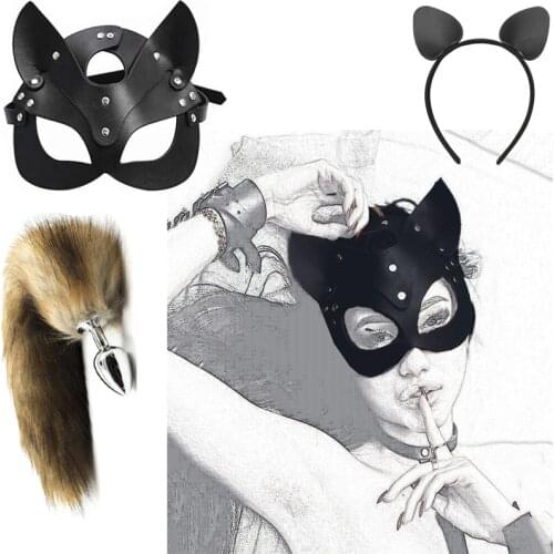 Sexy Half Cat Mask SM Fox Tail Anal Plug Fox Mask Headgear Bondage Cosplay Sex Toys Animal Cosplay Erotic Costume Accessories