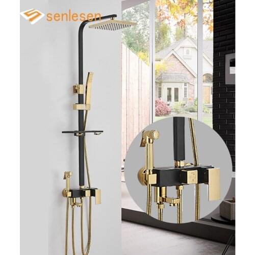 Senlesen Shower Faucet Black Gold Rainfall Shower Head Hand Shower Single Handle Mixer Water Tap Bathroom Shower With Spray Gun