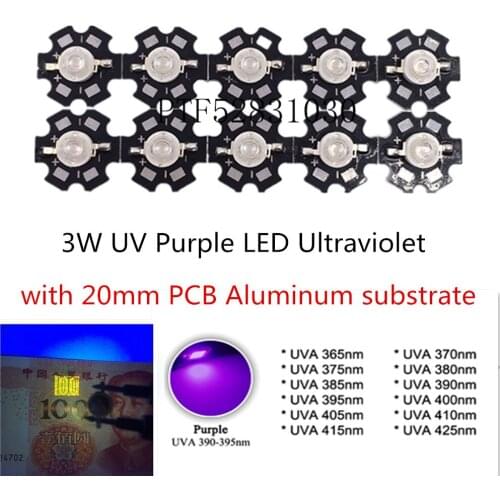 3W UV Purple LED Ultraviolet Bulbs Lamp Chips 365nm 375nm 380nm 385nm 395nm 405nm 410nm 420nm with 20mm PCB Aluminum substrate