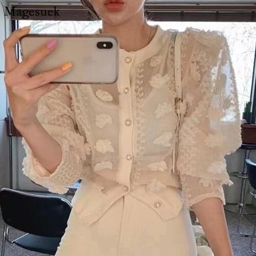 Korean Flower Mesh Elegant Blouse Women 2021 Sweet Long Sleeve See Through Button Shirt Female Fashion Chic Top Female New 14320