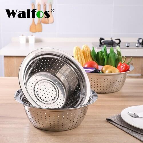 Walfos Stainless Steel Holes Washing Cleaning Rice Sieve Strainer Fruits Vegetable Drain Bowl Strainer Kitchen Supplies