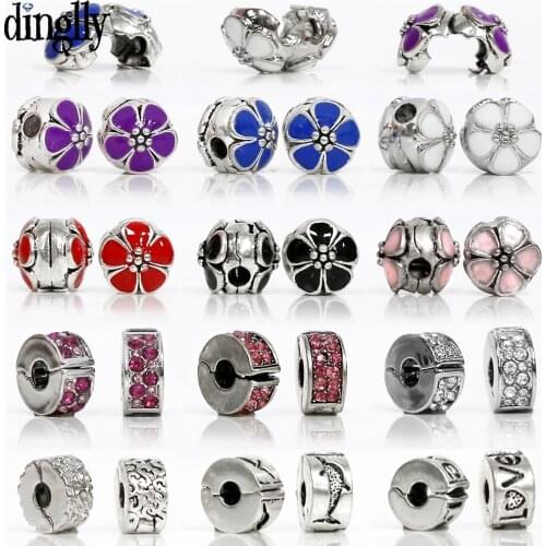 2Pcs/lot Color Magnolia Flower Enamel Clips Beads Purple Rhinestone Buckle Love Charm Accessories Fit Bracelet Bangle
