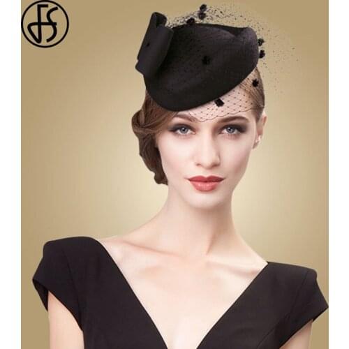 FS Womens Black Hat Veils Vintage Wool Felt Pillbox Hats Fascinator Lady Red Wedding Cocktail Hats Bowknot Derby Fedora