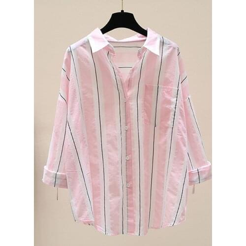 Women Casual Za Loose Cotton Color Stripe Shirts Tops Ladies Fashion Long Sleeve Single Breasted Turn-down Collar Summer Blouse