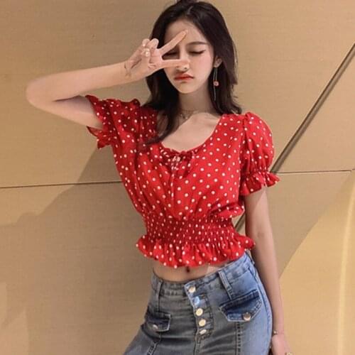 Women Short Sleeve Ruffles Chiffon Blouse Fashion Dot Print V-Neck Female Shirt Summer Blouse