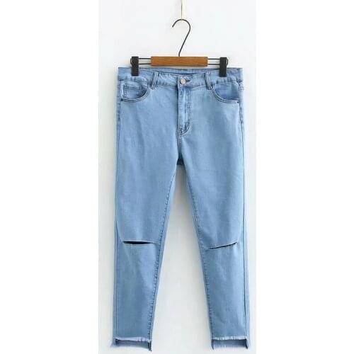 Plus Size Womens Slim Jeans Stretchable Denim Pants with Holes