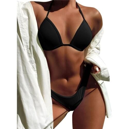 Xingqing Womens Solid Color Lace Up Bikini Suit Sleeveless Halter Tops+ Briefs Swimsuit Bare Midriff Bathing Suit Beach Wear