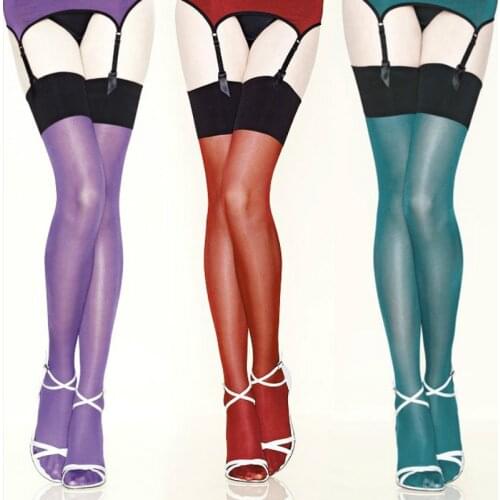 30d Women Contrast Thigh High Stockings multicolor Sheer Stay Up Vintage long shiny Glossy Over Knee oil flashing Leggings