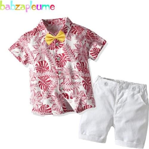Kids Summer Outfits Toddler Boys Clothes Fashion Gentleman Print Cotton Baby T-shirt+White Shorts Children Clothing Set BC1852-1