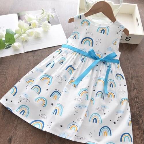 Girls Fancy Dresses Summer Children Cartoon Rainbow Print Princess Vestidos Toddler Bowtie Sashes Clothing For 3-8Y Girl