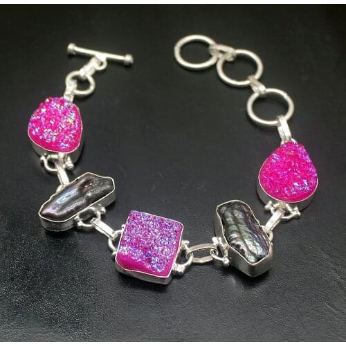 Gemstonefactory Jewelry Big Promotion Single Unique 925 Silver Biwa Pearl Pink Drusy Quartz Lady Women Bracelet 16-19cm 20210056