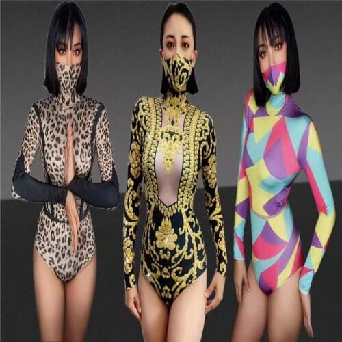 H126 Singer Long Sleeves Dancer Sexy Club Colorful Bodysuit Costume Leopard Catwalk Party Painted High Elastic Stretched Prom Dj