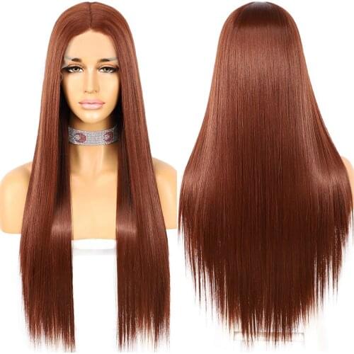 Ginger Red Synthetic Lace Wig Futura Fiber T Part Long Straight Wig for Women Party Daily Use High Temperature Cosplay Make Up