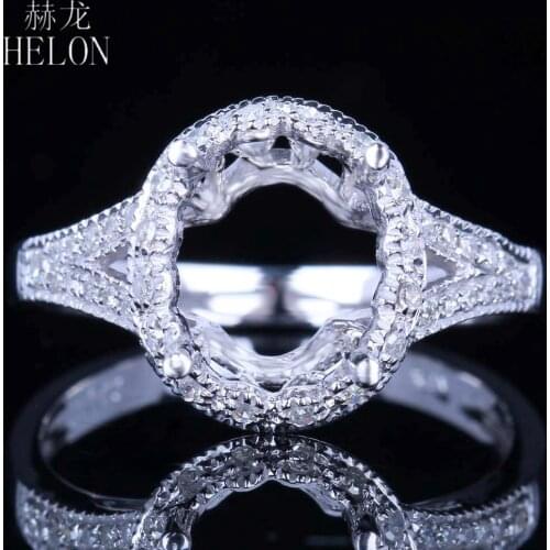 HELON Solid 14K White Gold AU585 Pave Natural Diamonds Engagement Wedding Semi Mount Women Fine Jewelry Ring Fit Oval Cut 10x8mm