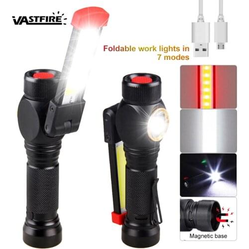 USB Rechargeable Flashlight Multi Functional Folding Work Light Magnetic COB LED Lamp Camping Lanterna Pen Clip Hand Torch