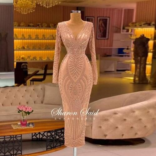 Arabic Rose Gold Mermaid Muslim Evening Dress Long Sleeve Luxury Dubai Midi Formal Prom Dresses for Women Wedding Party Gowns