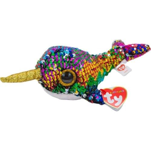 Ty Flippables 6" 15 cm Big Eyes Calypso Reversible Sequin Multicolor Narwhal Sparkling Plush Doll Toy Gift for Boys and Girls