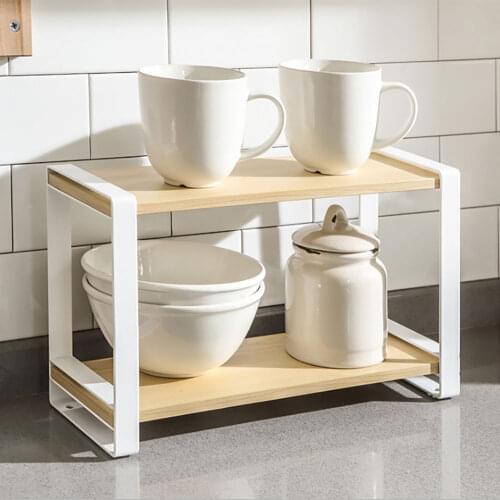 Kitchen Storage Rack 2 Layer Wooden Bathroom Shelf Organizer Kitchen Spices Jars Cups Holder Display Book Shelves