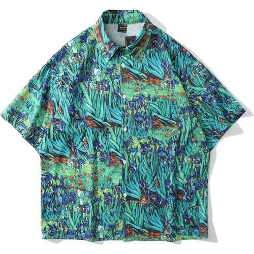 Men Shirt Short Sleeve Green 2021 New Arrival Summer Loose Flowers Grass Male Shirt Thin Fashion Korean Style Hot Sale S83