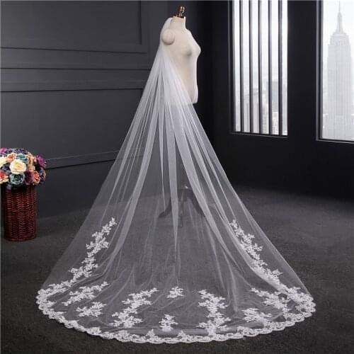 Bride Veil Wedding Trailing Row of Flowers Long Cathedral Veil Wedding Hair Accessories WAS10214