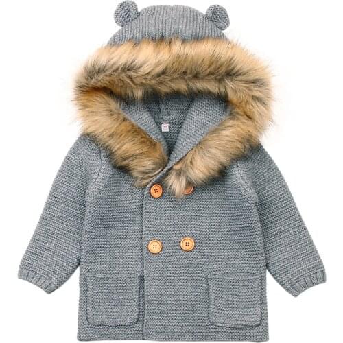Newborn Baby Sweater Fur Hood Detachable Infant Boys Girl Knitted Cardigan Fall Outwear Winter Warm Children Knitwear