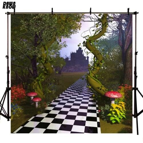 DAWNKNOW Vinyl Backdrop Alice in Wonderland Castle Mushroom Forest Polyester Photography Background For Baby Photo Studio F1754