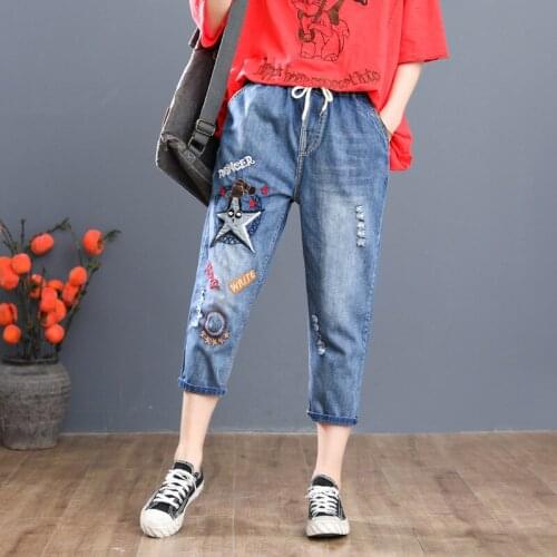 Plus Size M-3XL Womens Elastic Waist Casual Cropped Jeans Vintage Embroidery 3/4 Denim Pants