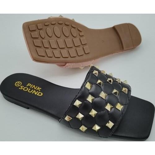 2020 new Rivet slippers Square head flat Slide ladies open toe Comfort slip on Outdoor beach sandal 37-41