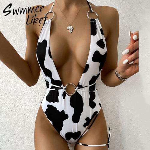 Deep v-neck one piece swimsuit women Cow printed monokini Patchwork bodysuit Ring bathing suit Sexy string swim suit female new