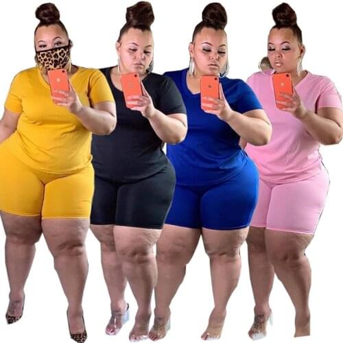 Plus Size Two Piece Set Women Wholesale Jogging Biker Shorts Sets Solid Crop Top Sport Suit Matching Set Sweatpants Dropshipping