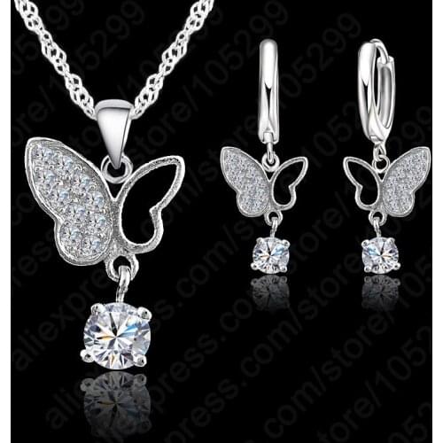 Fashion Animal Jewelry 925 Sterling Silver Butterfly Crystal Necklace Pendant Cubic Zircon Jewelry Sets For Women Girl