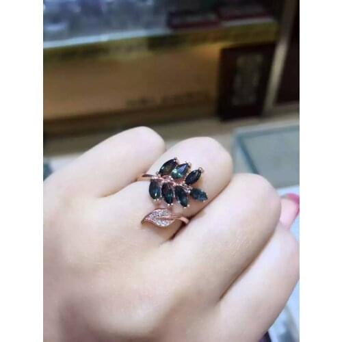 Luxurious Leaf flower fan Natural blue sapphire Ring S925 Silver Natural gemstone Adjustable size Ring Women party gift Jewelry
