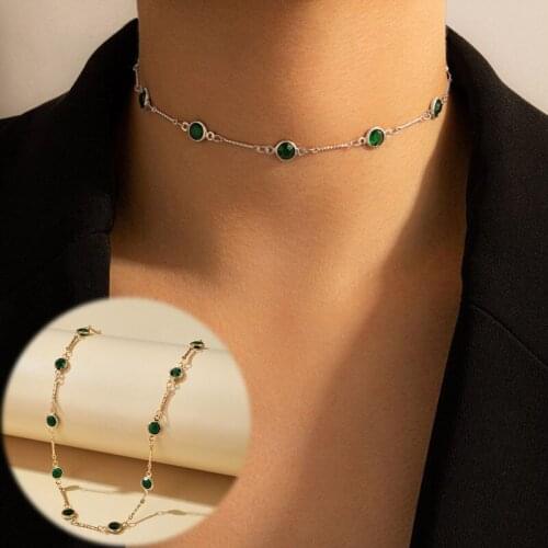 Collar Choker Women Alloy Metal Handmade Jewelry Gold Color Green Rhinestone Necklace