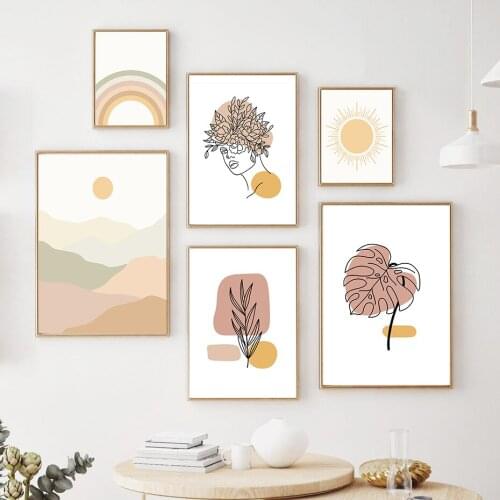 Woman Face Flowers Line Art Poster Rainbow Sun Contemporary Art Canvas Print Paintings Wall Pictures for Living Room Decoration