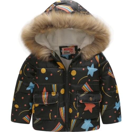 Winter Fashion Warm Cotton Printed Child Long Coat Fur Collar Baby Girls Boys Jackets Children Outerwear For 2-7 Years Old