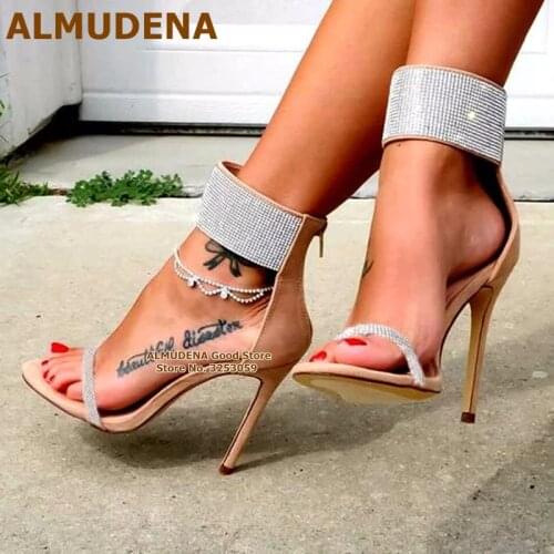 ALMUDENA Bling Bling Crystal Wide Ankle Strap Sandals Thin High Heels Silver Rhinestone Nude Patchwork Dress Pumps Wedding Shoes