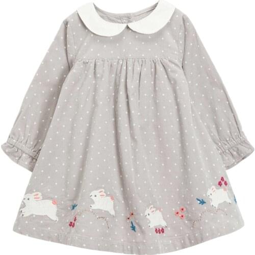 Frocks for Baby Girls Brand Autumn Clothes Cotton Bunny Applique Toddler Dot Corduroy Peter Fan Collar Dress for Kids 2-7 Years
