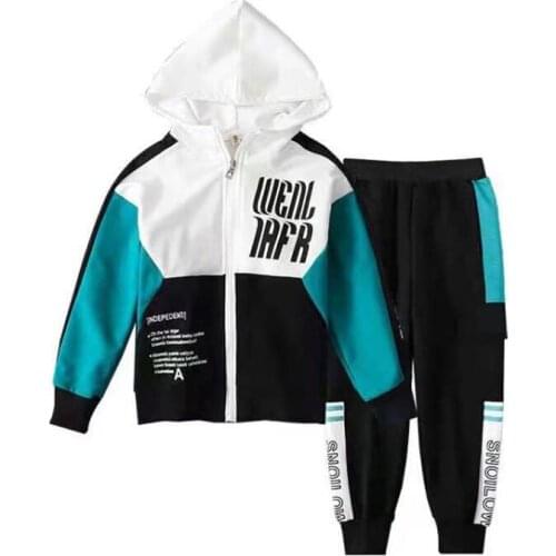 Kids boys spring / autumn spell color track suit letters printed hooded jacket + pants 2pcs sets of new big virgin suit