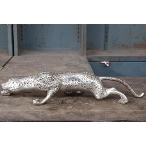Chinese White Copper Silver Ferocious Leopard Panther Catamount Cheetah Statue